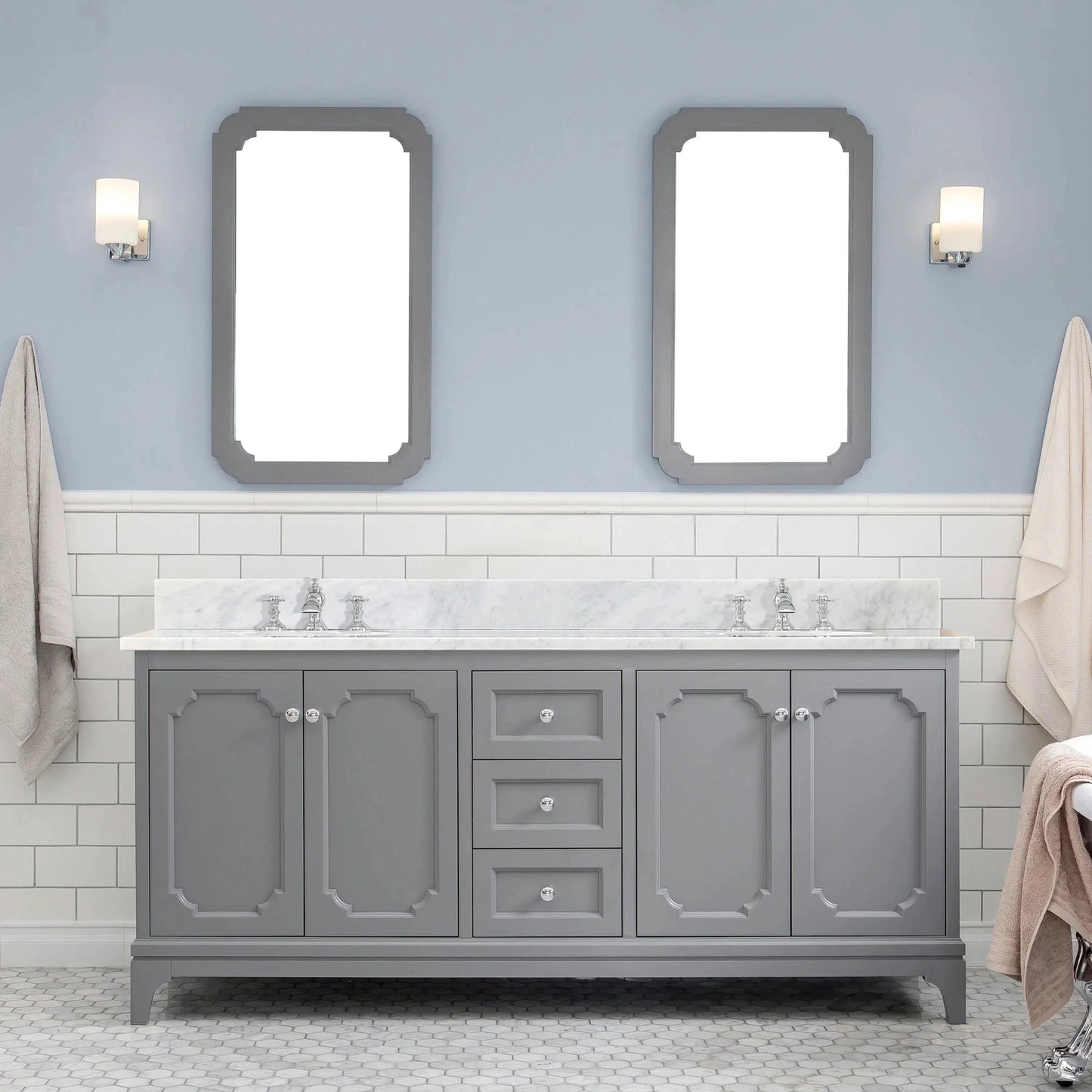 Water Creation Queen 72" Double Sink Carrara White Marble Countertop Vanity in Cashmere Grey with Waterfall Faucets