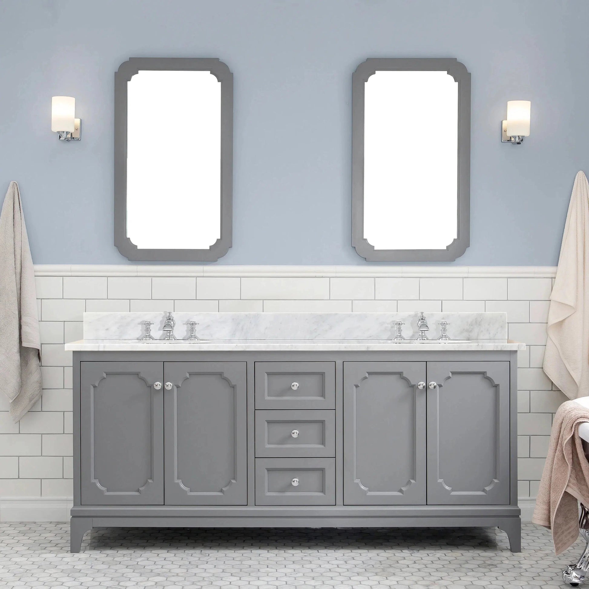 Water Creation Queen 72" Double Sink Carrara White Marble Countertop Vanity in Cashmere Grey with Waterfall Faucets