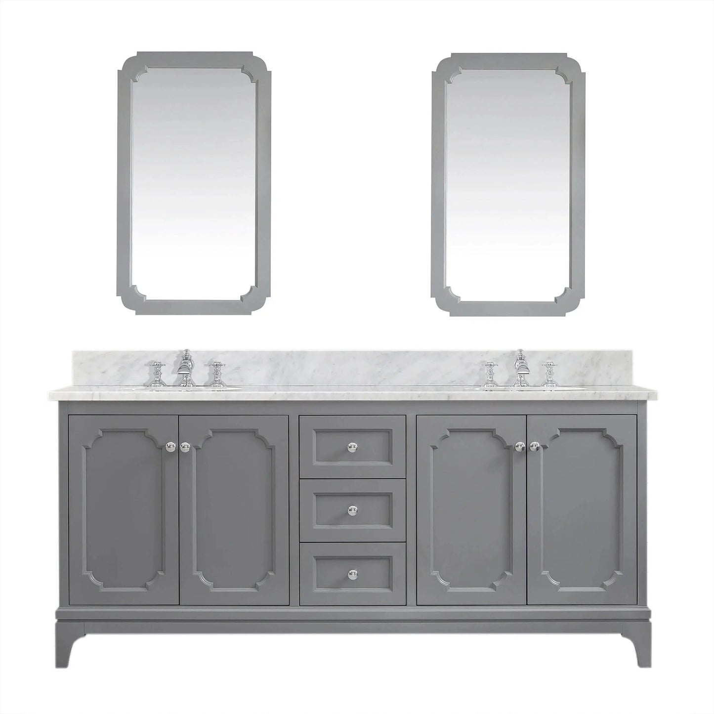 Water Creation Queen 72" Double Sink Carrara White Marble Countertop Vanity in Cashmere Grey with Waterfall Faucets and Mirrors