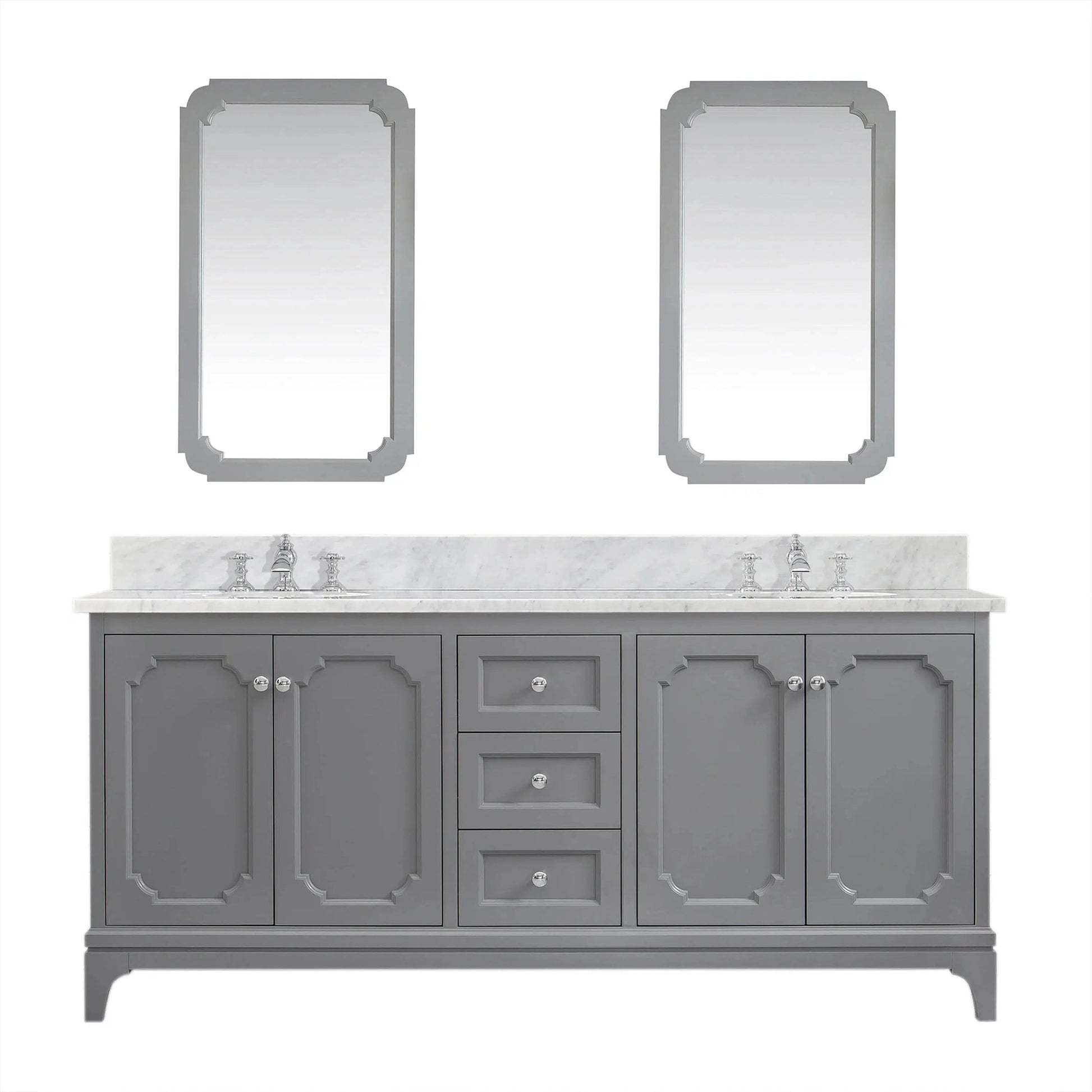 Water Creation Queen 72" Double Sink Carrara White Marble Countertop Vanity in Cashmere Grey with Waterfall Faucets and Mirrors