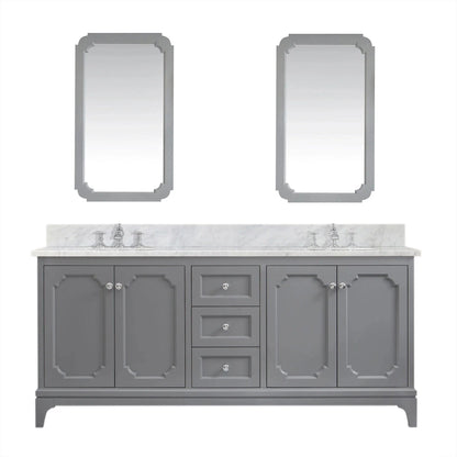 Water Creation Queen 72" Double Sink Carrara White Marble Countertop Vanity in Cashmere Grey with Waterfall Faucets and Mirrors