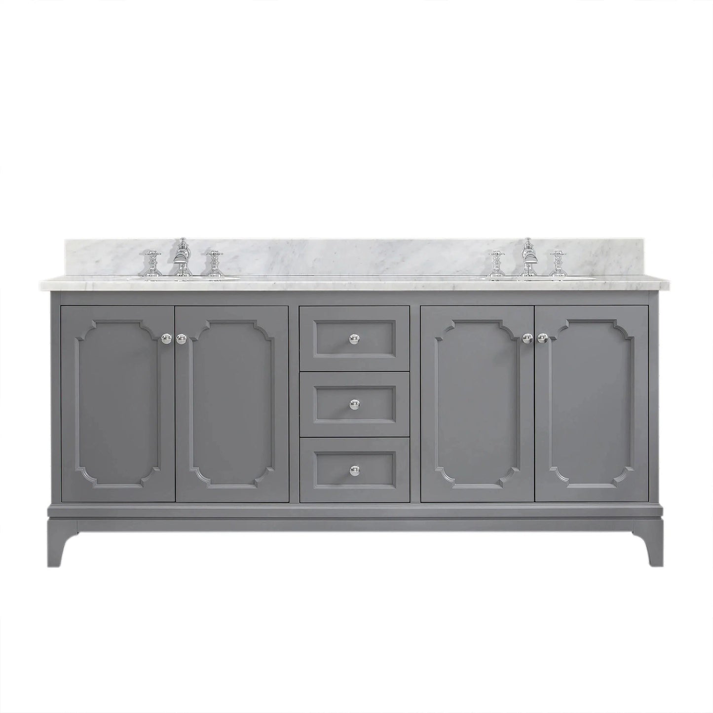 Water Creation Queen 72" Double Sink Carrara White Marble Countertop Vanity in Cashmere Grey with Waterfall Faucets