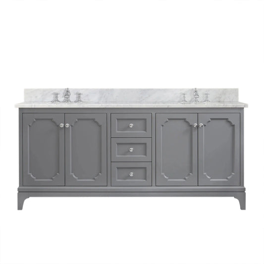 Water Creation Queen 72" Double Sink Carrara White Marble Countertop Vanity in Cashmere Grey with Waterfall Faucets