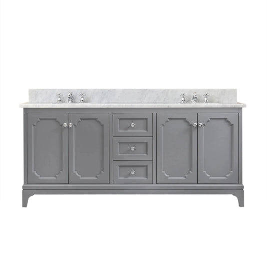 Water Creation Queen 72" Double Sink Carrara White Marble Countertop Vanity in Cashmere Grey