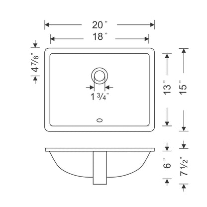 Wells Sinkware Rhythm 20" Rectangle Ebony Traditional Vitreous Ceramic Undermount Bathroom Sink With Overflow
