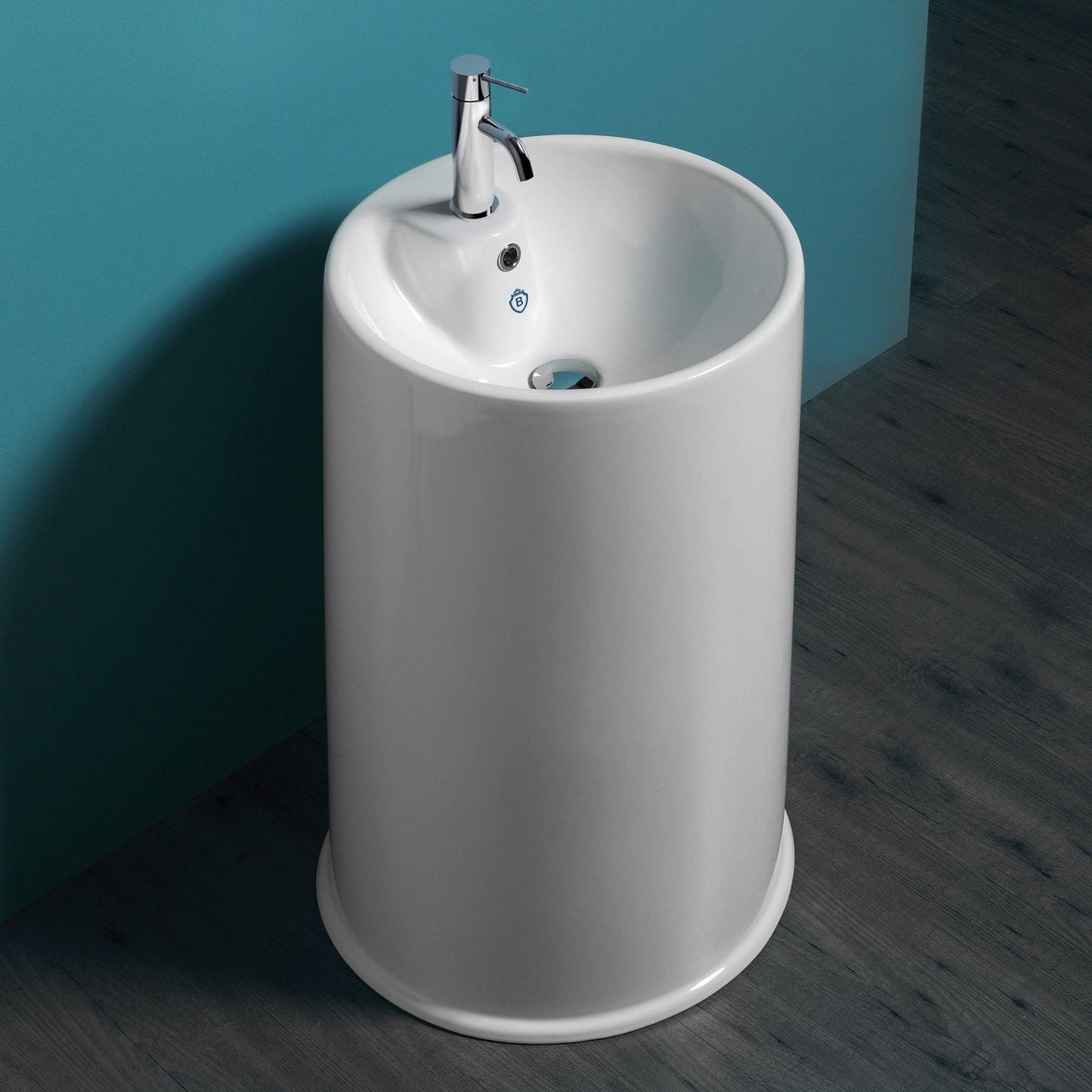 Whitehaus Britannia B-GTE White Freestanding Cylindrical Shaped Bathroom Basin With Single Faucet Hole Drill and Center Drain