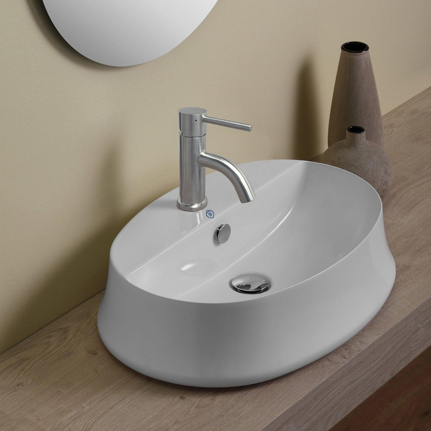 Whitehaus Britannia B-SH05 White Oval Above Mount Basin With Single Faucet Hole Drill With Rear Center Drain
