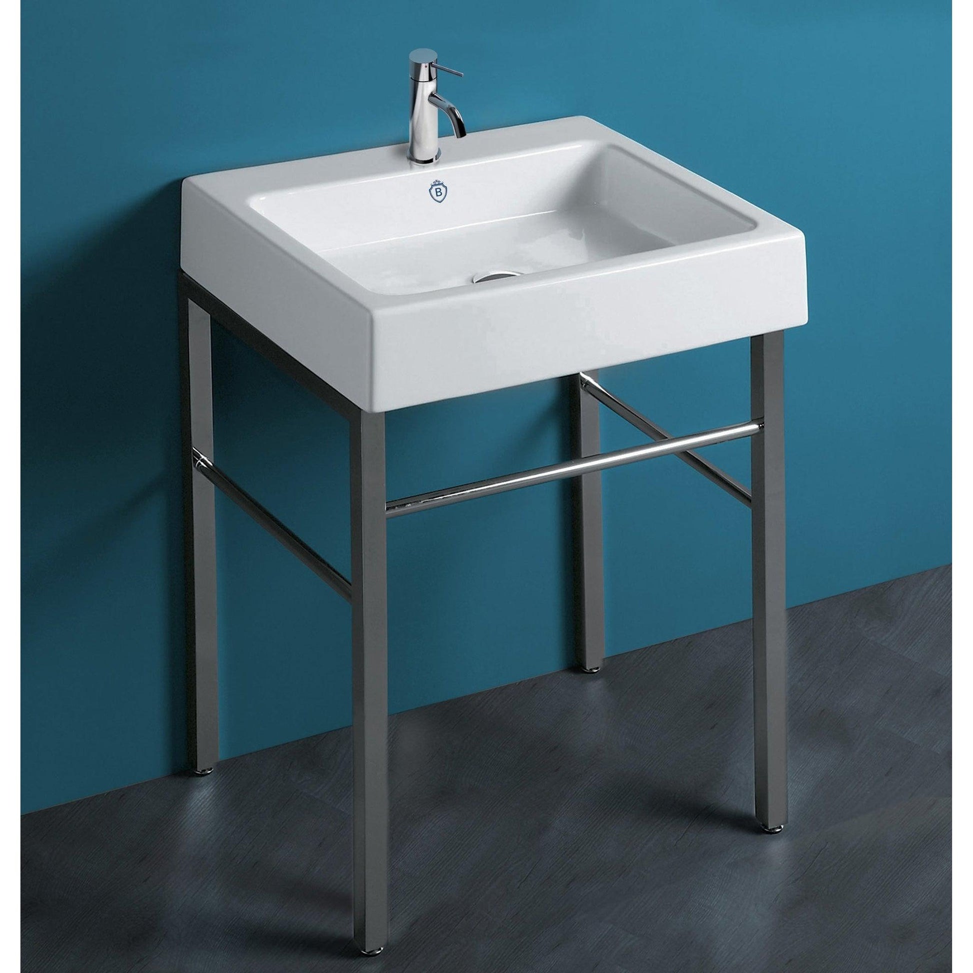 Whitehaus Britannia B-U60-DUCG1-A06-1 White/Chrome Rectangular Sink Console With Front Towel Bar and Single Faucet Hole Drill