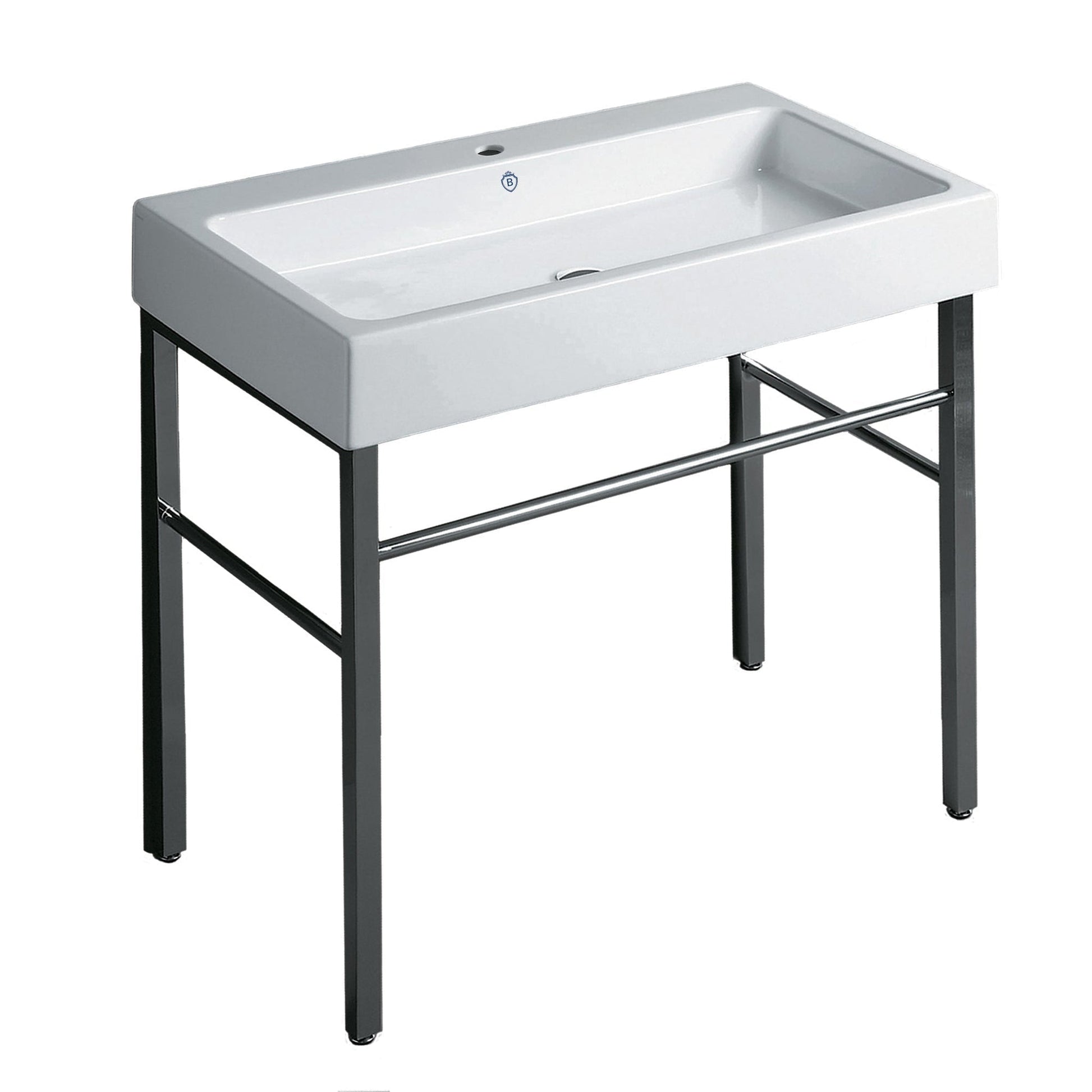 Whitehaus Britannia B-U90-DUCG1-A09-1 White/Chrome Large Rectangular Sink Console With Front Towel Bar and Single Faucet Hole Drill