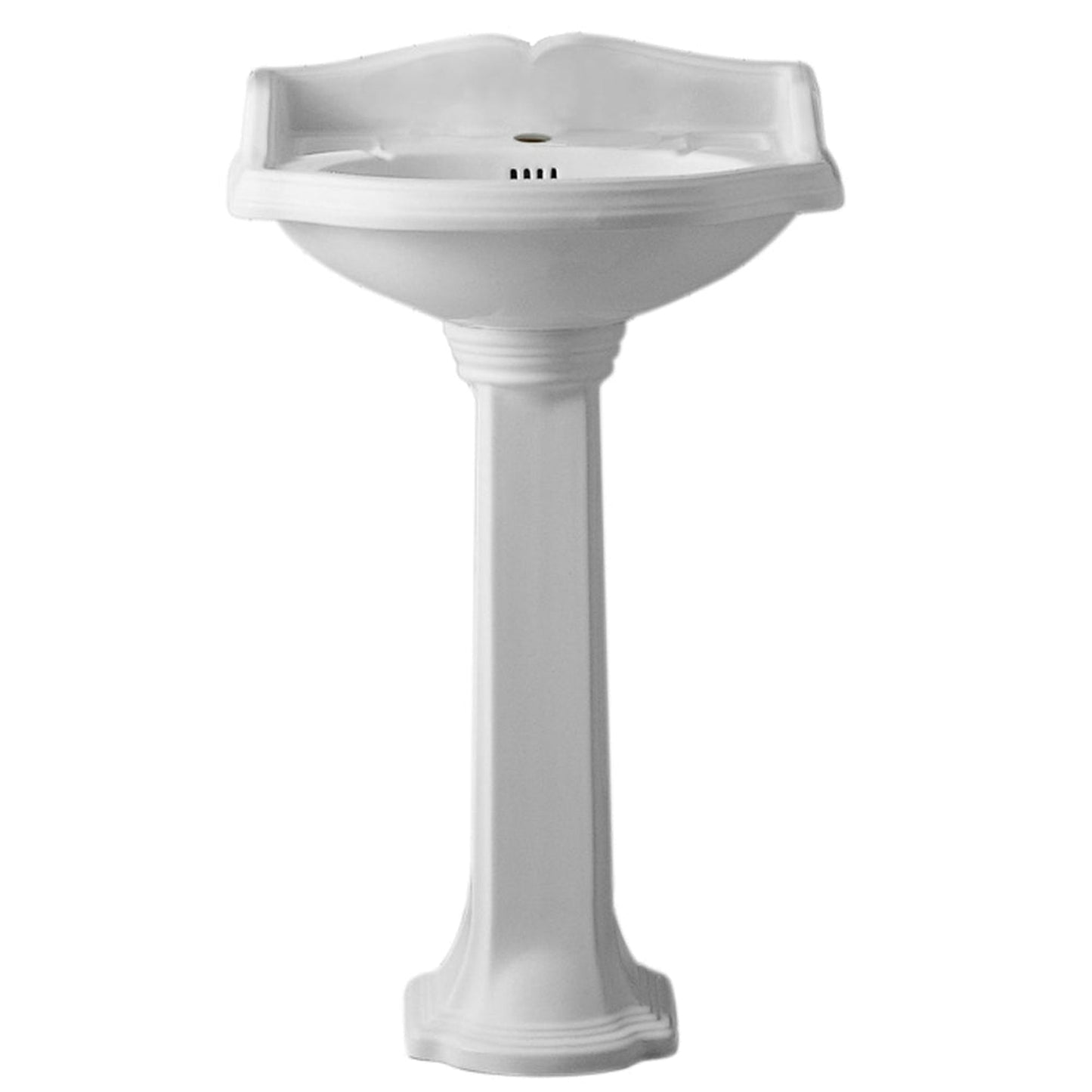 Whitehaus Isabella AR814-AR815-1H White Traditional Pedestal With Integrated Small Oval Bowl and Rear Center Drain