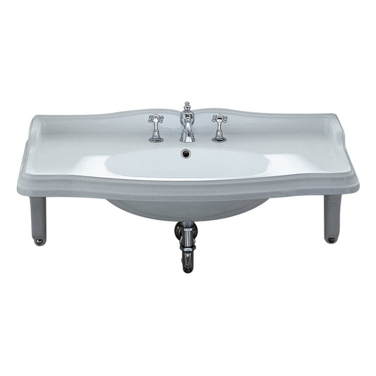 Whitehaus Isabella AR864-MNSLEN-3H White Large Rectangular Wall Mount Basin With Integrated Oval Bowl and Rear Center Drain