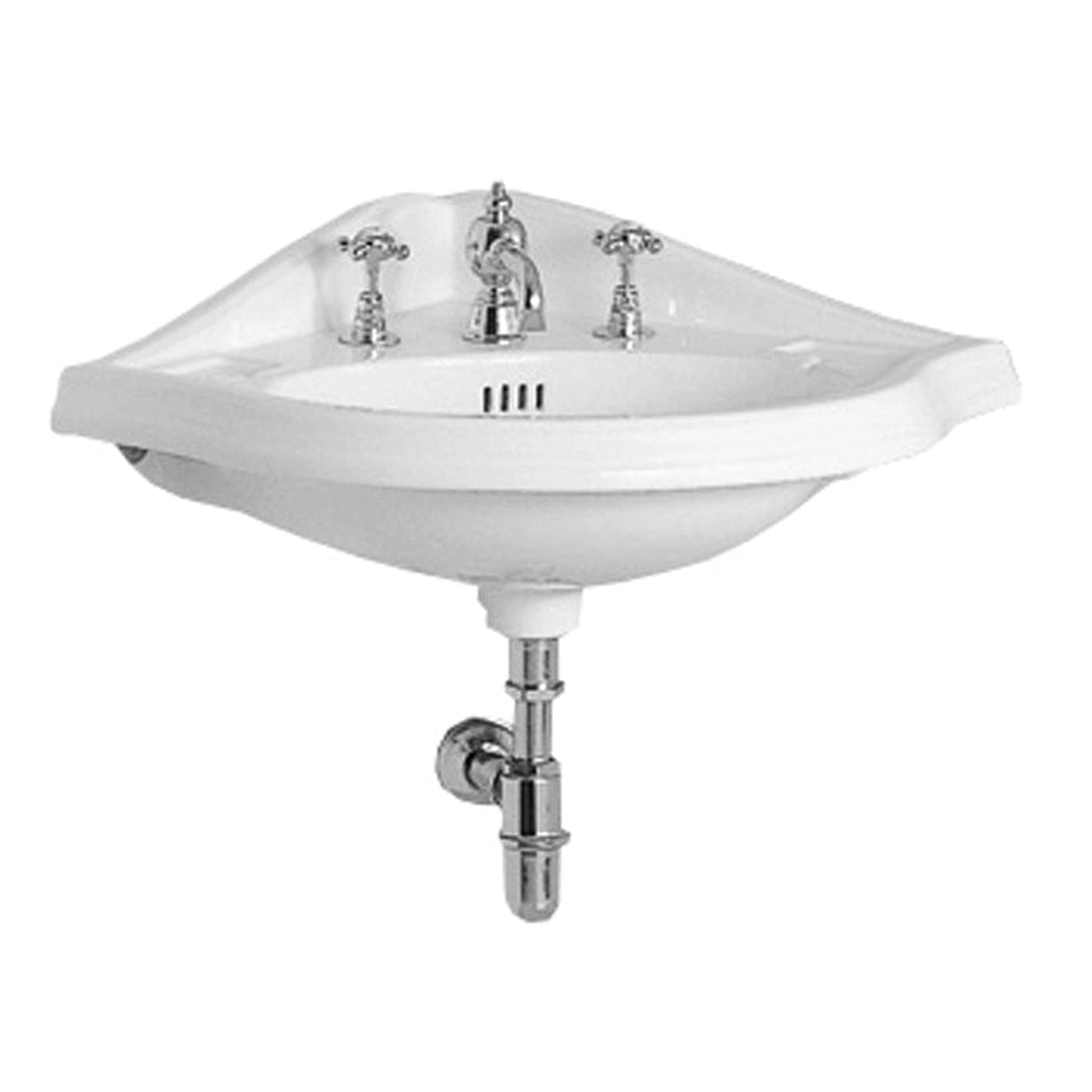 Whitehaus Isabella AR884-3H White Corner Wall Mount Basin With Widespread Hole Faucet and Rear Center Drain