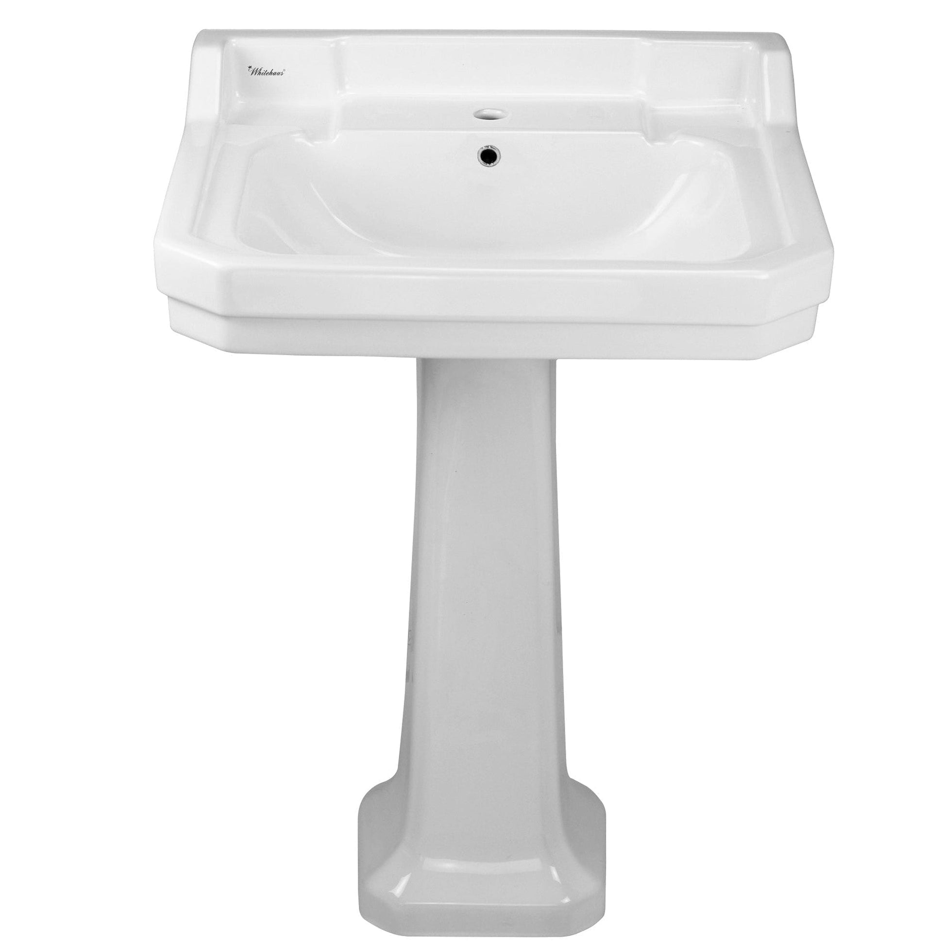 Whitehaus Isabella B112L-P White Traditional Pedestal With Integrated Large Rectangular Bowl and Rear Center Drain