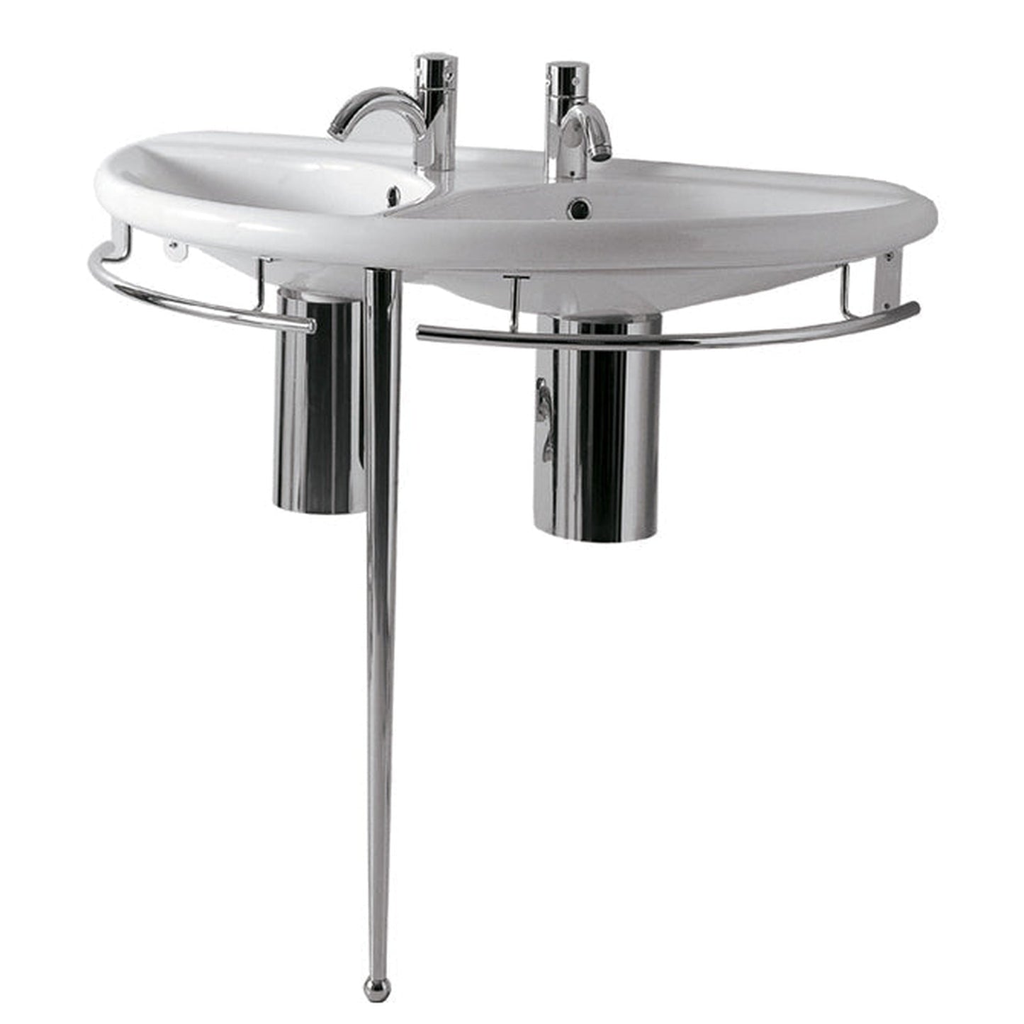 Whitehaus Isabella ECO64-ESU04 White Semi-Circular Double Basin China Console With Chrome Overflow, Polished Chrome Towel Rails and Leg Support