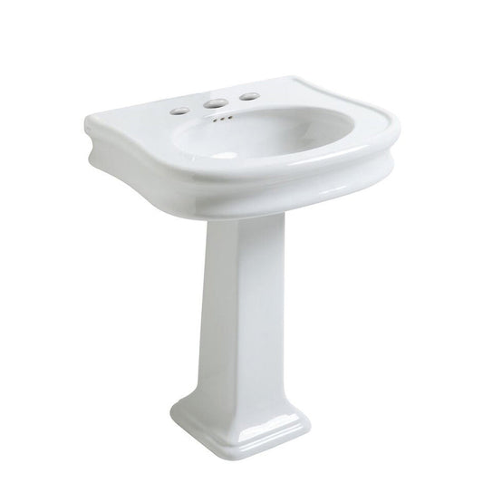 Whitehaus Isabella LA10-LA03-3H White Traditional Pedestal Sink With Integrated Oval Bowl, Seamless Rounded Decorative Trim, Rear Overflow and Widespread Hole Faucet Drill