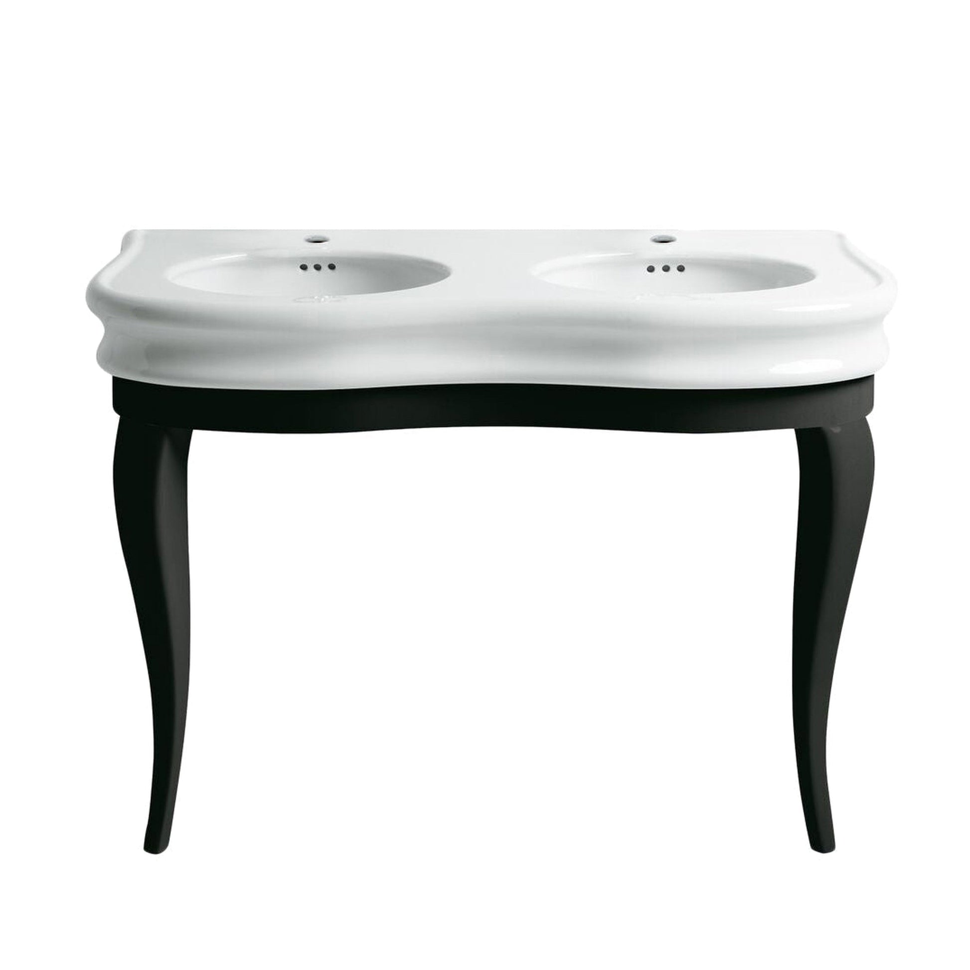 Whitehaus Isabella LA12-LAM120B White/Black Large Console With Double Integrated Oval Bowls With Overflow and Black Wooden Leg Support