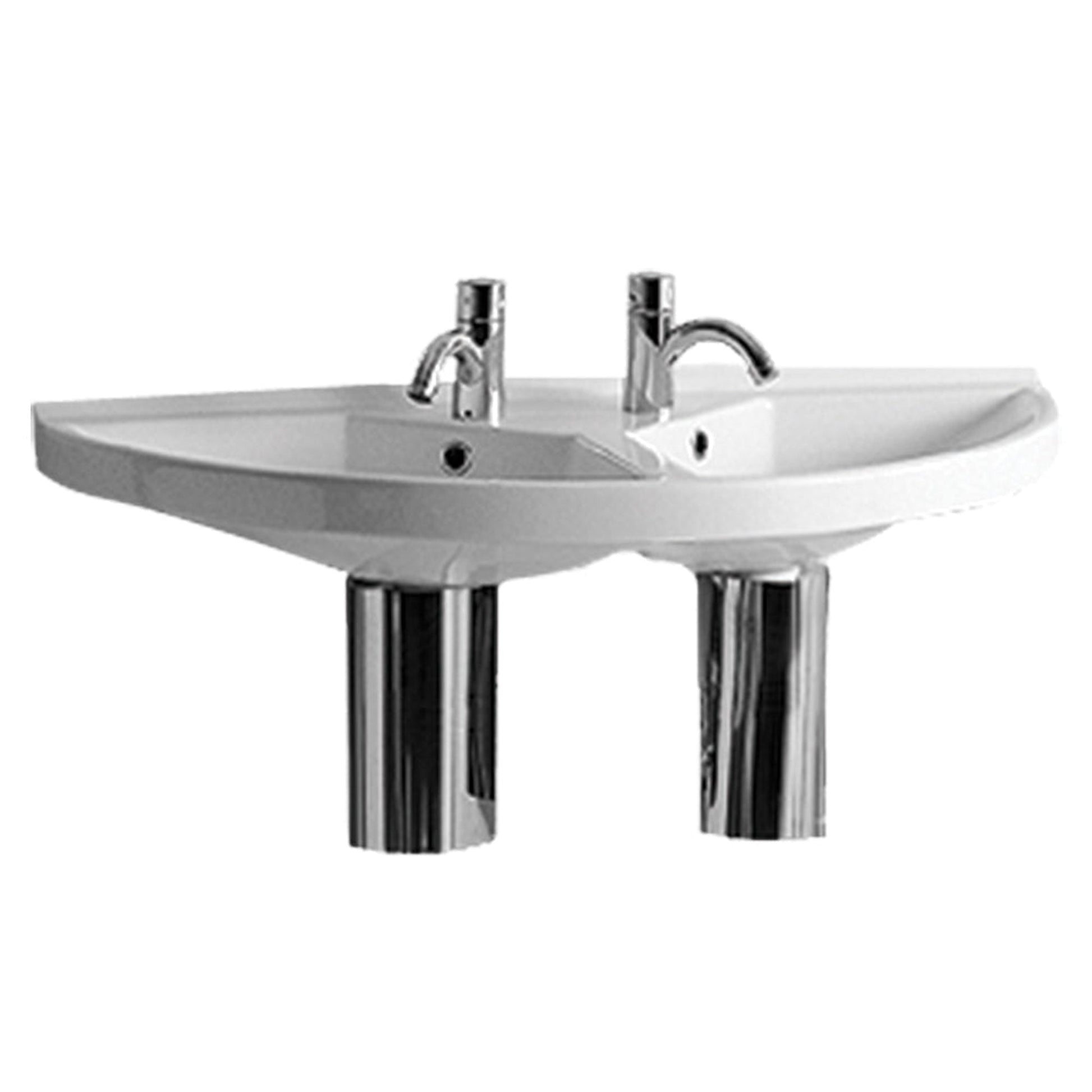 Whitehaus Isabella LU020 White Large U-Shaped Wall Mount Double Basin With Chrome Overflows and Rear Center Drains