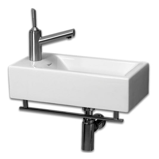 Whitehaus Isabella WH1-114LTB White Small Wall Mount Basin With Chrome Towel Bar and Center Drain