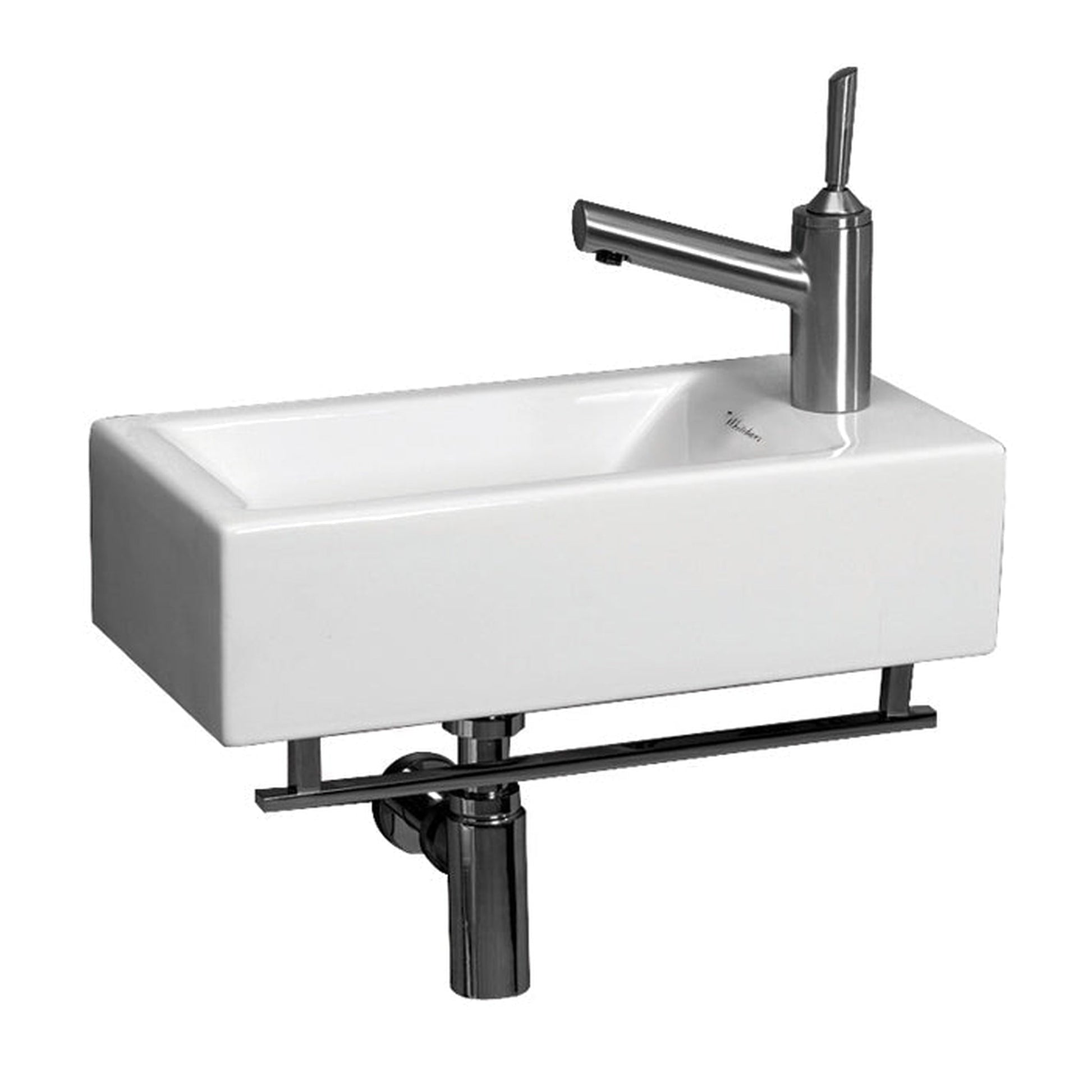 Whitehaus Isabella WH1-114RTB White Small Wall Mount Basin With Chrome Towel Bar and Center Drain