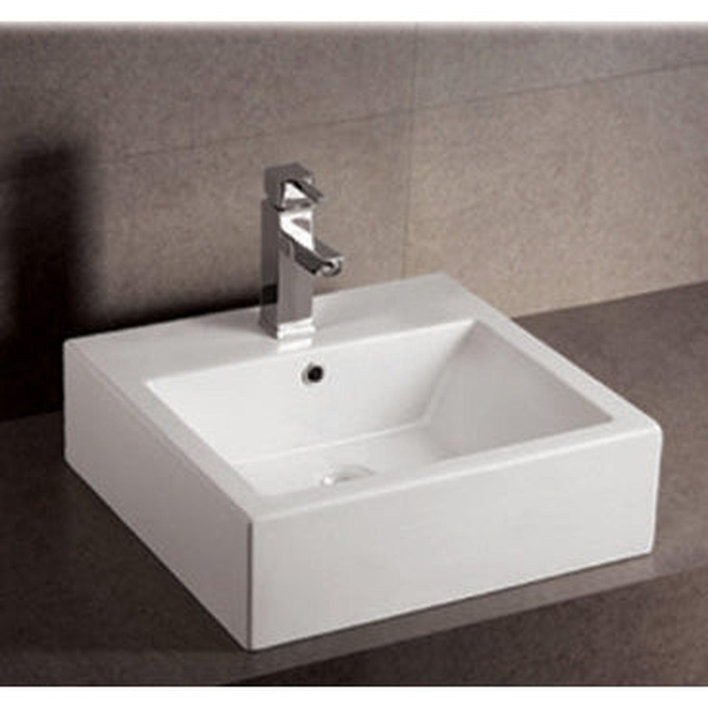 Whitehaus Isabella WHKN1059 White Square Wall Mount Basin With Overflow Single Faucet Hole and Rear Center Drain