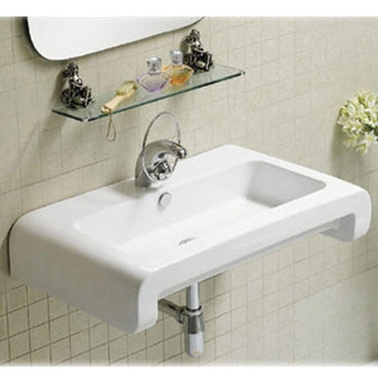 Whitehaus Isabella WHKN1130 White Rectangular Wall Mount Basin With Overflow Single Faucet Hole and Rear Center Drain