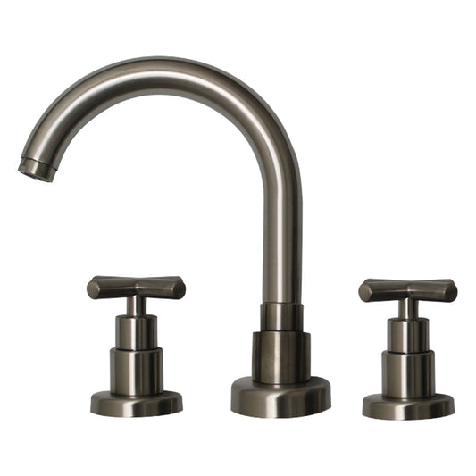 Whitehaus Luxe WHLX79214-BN Brushed Nickel Widespread Lavatory Faucet With Tubular Swivel Spout Cross Handles and Pop-up Waste