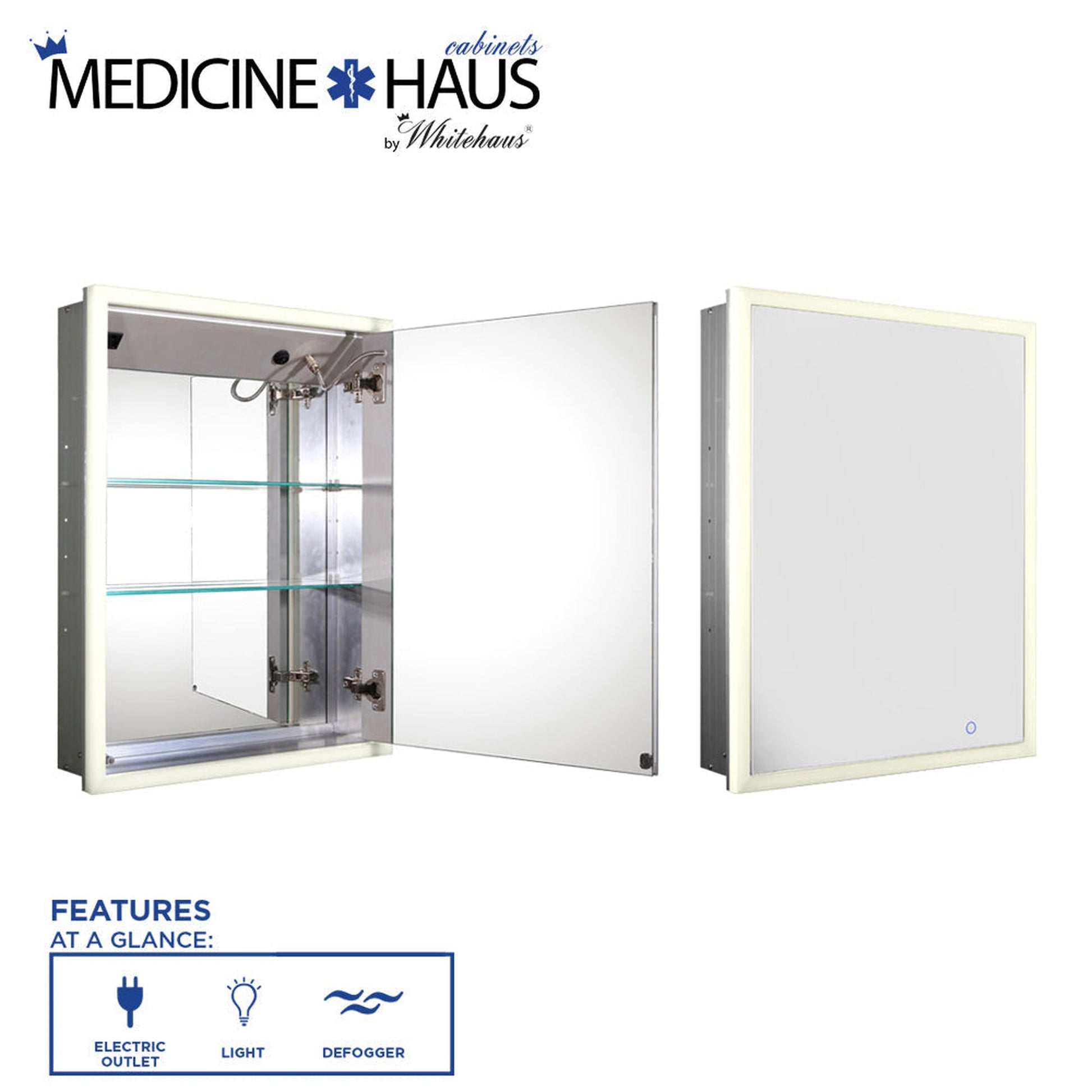 Whitehaus Medicinehaus WHLUN7055-IR Recessed Single Mirrored Door Medicine Cabinet With Outlet, Defogger, LED Power Button and Dimmer for Light