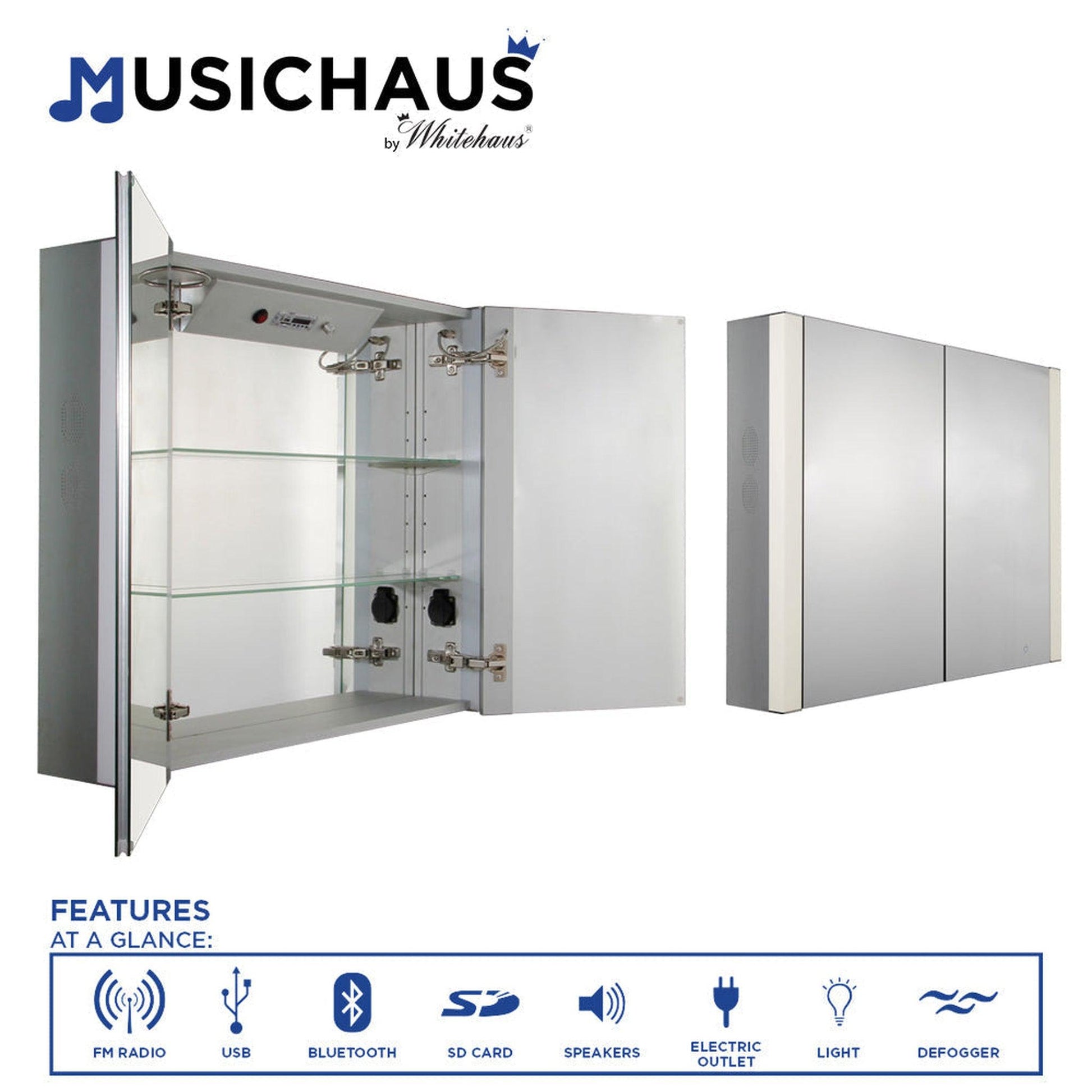 Whitehaus Musichaus WHFEL7089-S Double Mirrored Door Medicine Cabinet With USB, SD Card, Bluetooth, FM Radio, Speakers, Defogger & Dimmer