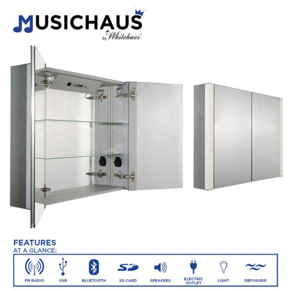 Whitehaus Musichaus WHFEL7089-S Double Mirrored Door Medicine Cabinet With USB, SD Card, Bluetooth, FM Radio, Speakers, Defogger & Dimmer