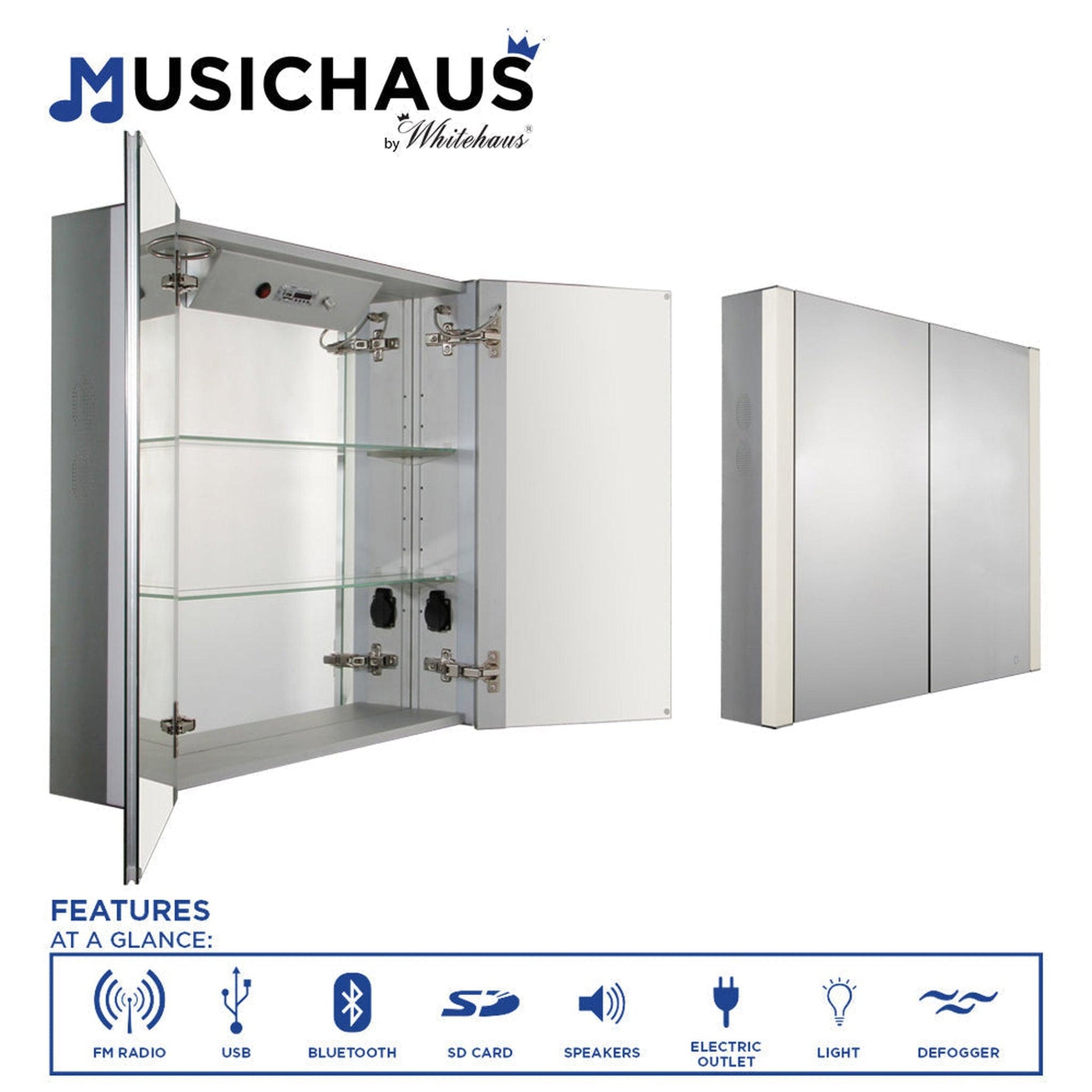 Whitehaus Musichaus WHFEL8069-S Double Mirrored Door Medicine Cabinet With USB, SD Card, Bluetooth, FM Radio, Speakers, Defogger, & Dimmer