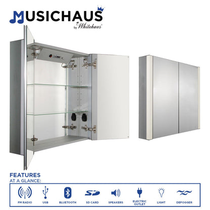Whitehaus Musichaus WHFEL8069-S Double Mirrored Door Medicine Cabinet With USB, SD Card, Bluetooth, FM Radio, Speakers, Defogger, & Dimmer