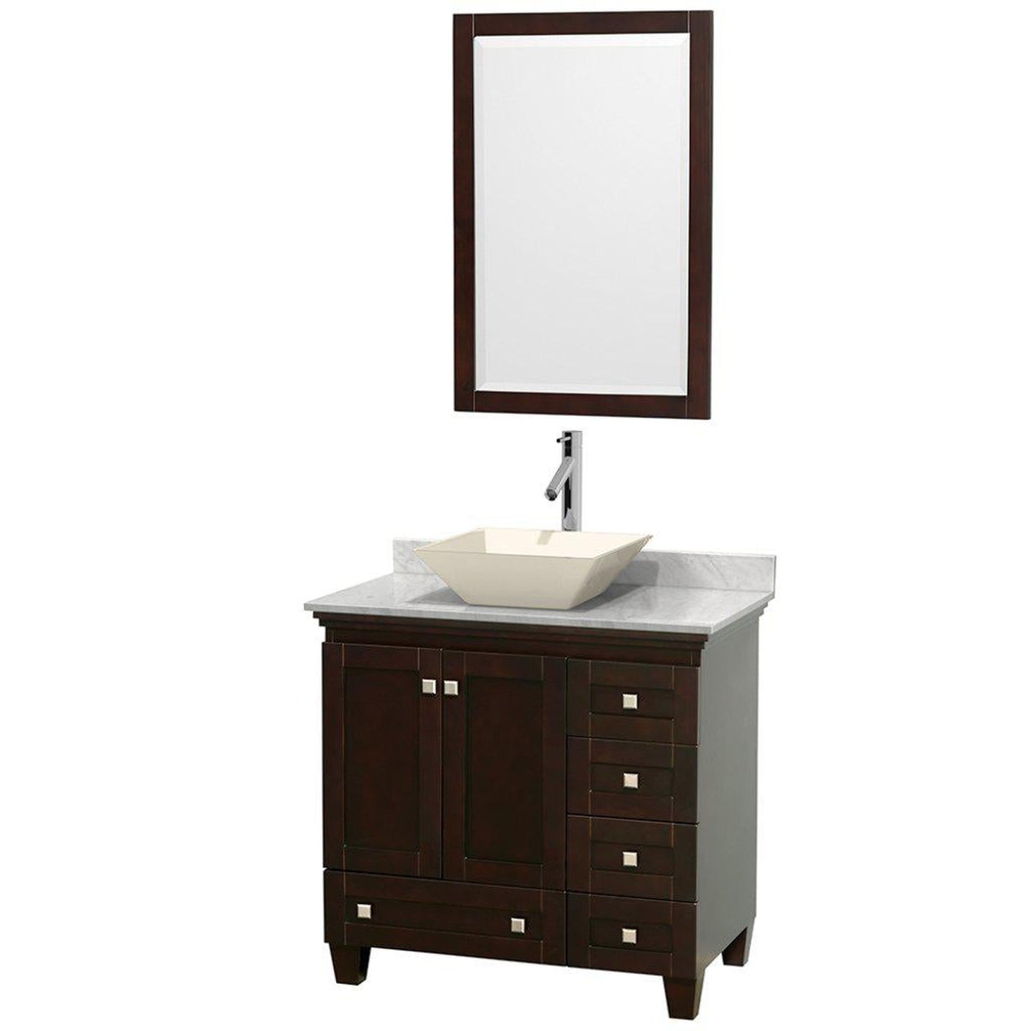 Wyndham Collection Acclaim 36" Single Bathroom Espresso Vanity Set With White Carrara Marble Countertop, Pyra Bone Porcelain Sink, and 24" Mirror