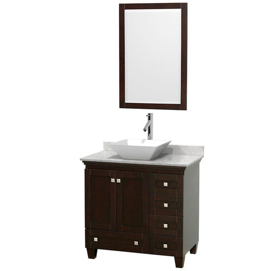 Wyndham Collection Acclaim 36" Single Bathroom Espresso Vanity Set With White Carrara Marble Countertop, Pyra White Porcelain Sink, and 24" Mirror