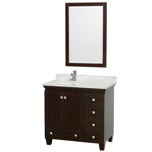 Wyndham Collection Acclaim 36" Single Bathroom Espresso Vanity Set With White Carrara Marble Countertop, Undermount Square Sink, and 24" Mirror