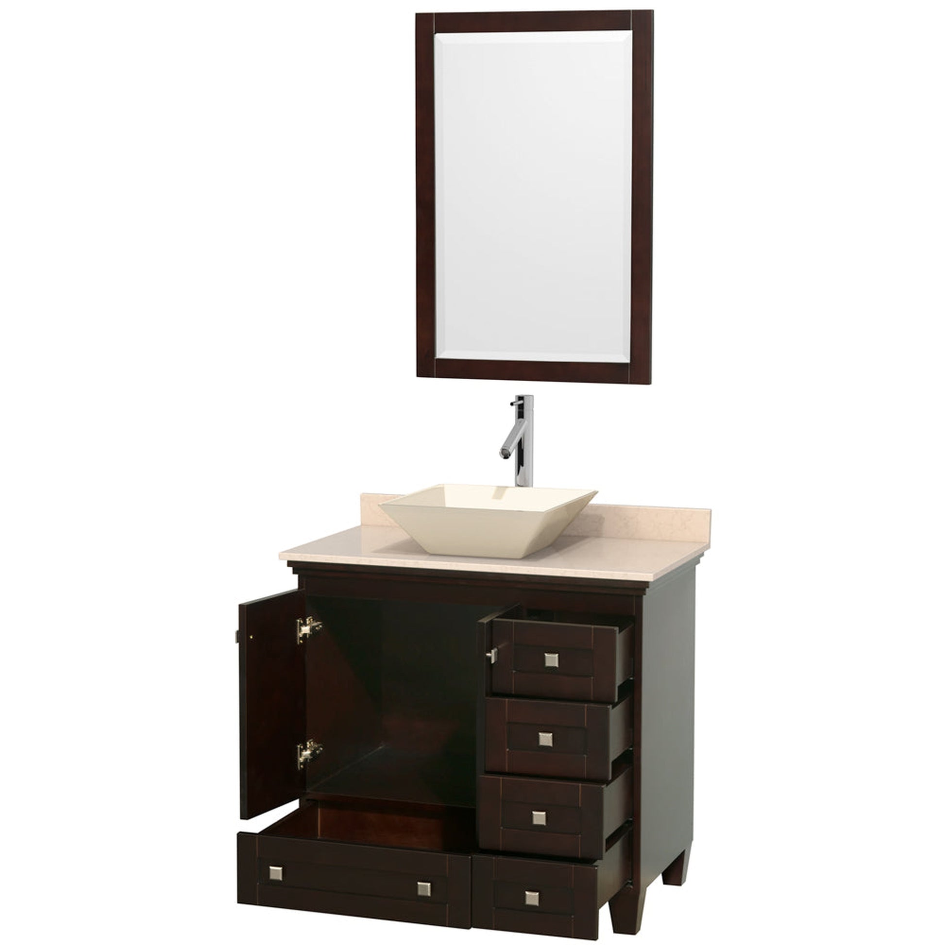 Wyndham Collection Acclaim 36" Single Bathroom Vanity in Espresso With Ivory Marble Countertop, Pyra Bone Porcelain Sink & 24" Mirror