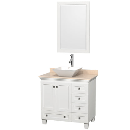 Wyndham Collection Acclaim 36" Single Bathroom Vanity in White With Ivory Marble Countertop, Pyra White Porcelain Sink & 24" Mirror