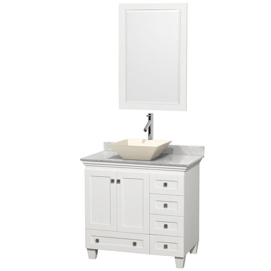 Wyndham Collection Acclaim 36" Single Bathroom White Vanity Set With White Carrara Marble Countertop, Pyra Bone Porcelain Sink, and 24" Mirror