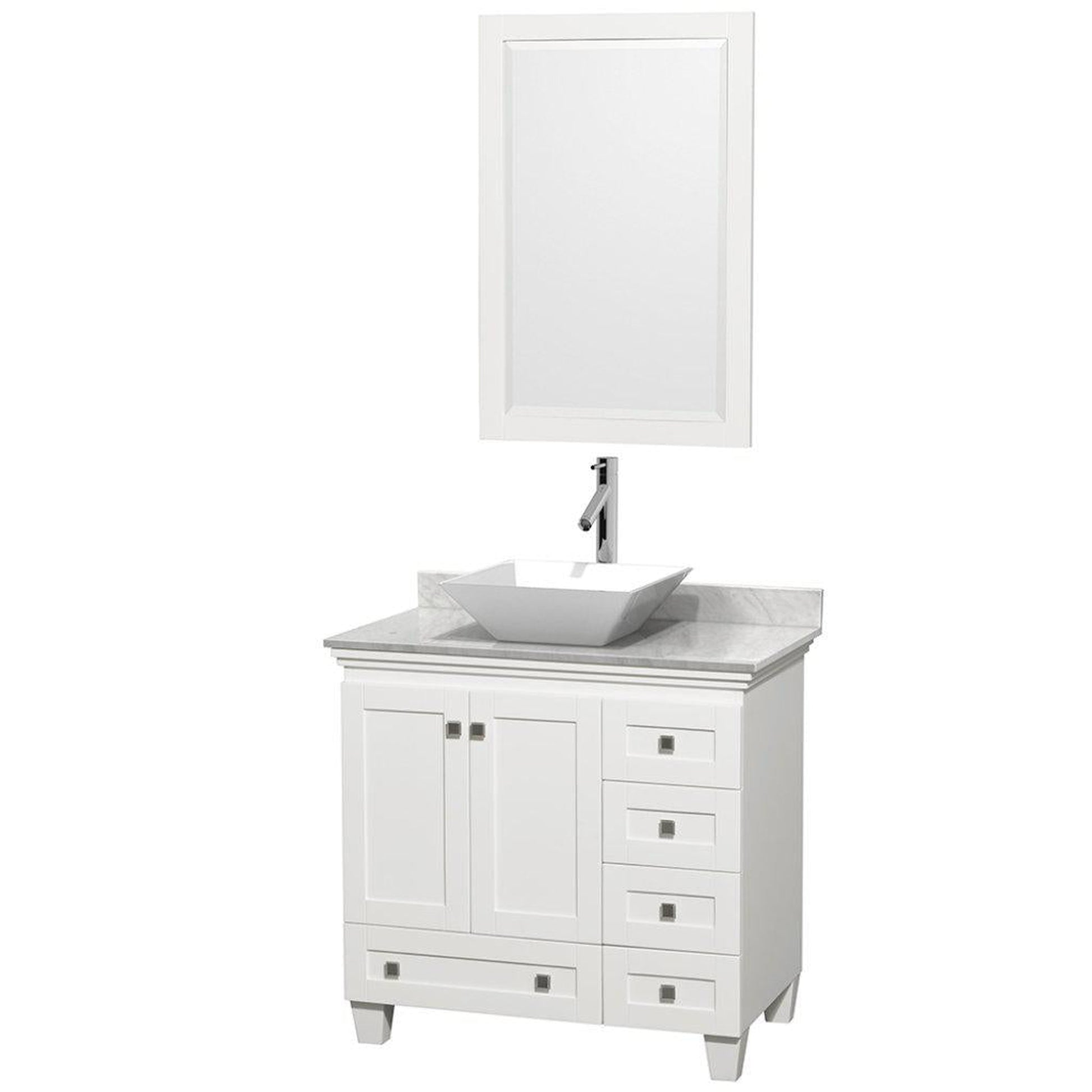 Wyndham Collection Acclaim 36" Single Bathroom White Vanity Set With White Carrara Marble Countertop, Pyra White Porcelain Sink, and 24" Mirror