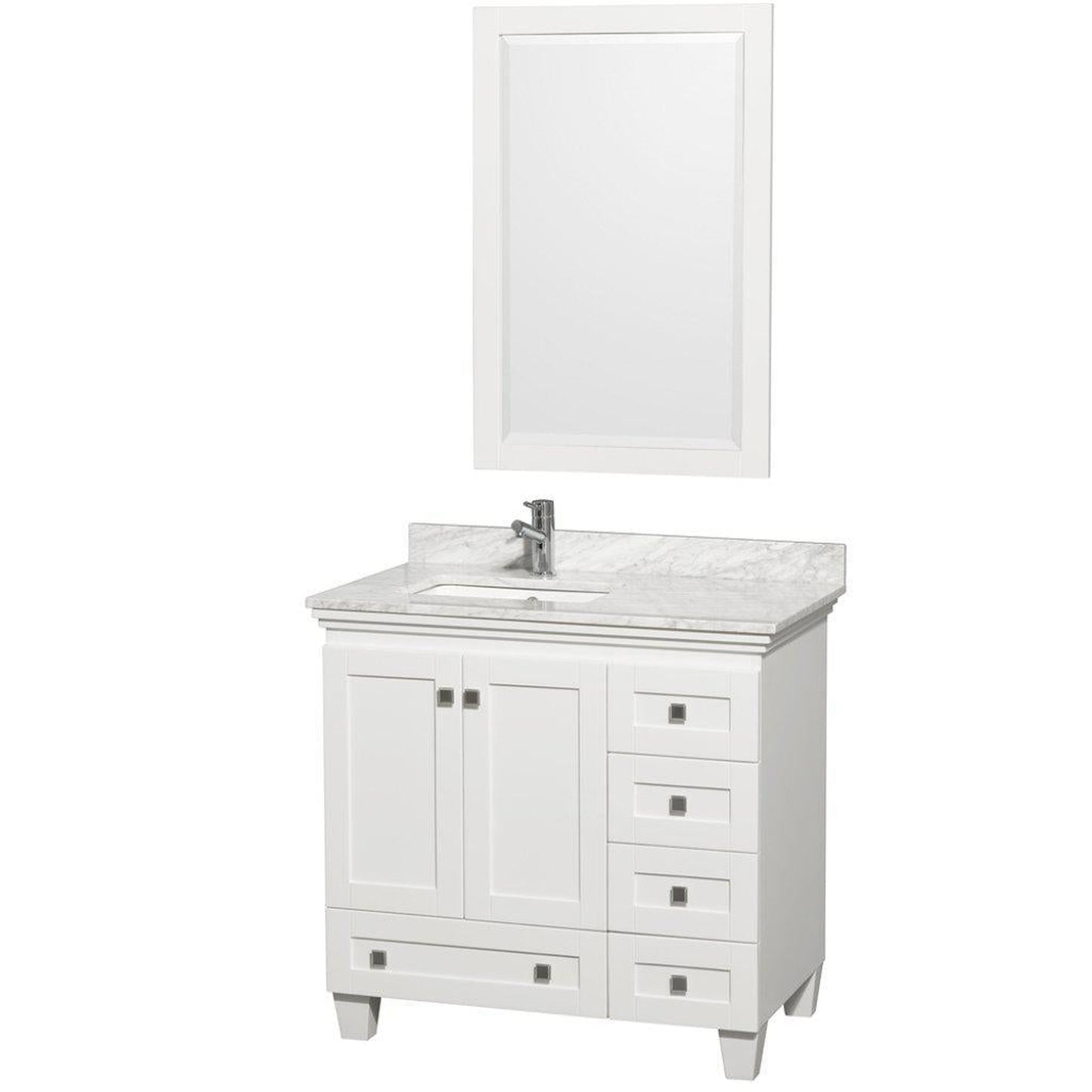 Wyndham Collection Acclaim 36" Single Bathroom White Vanity Set With White Carrara Marble Countertop, Undermount Square Sink, and 24" Mirror