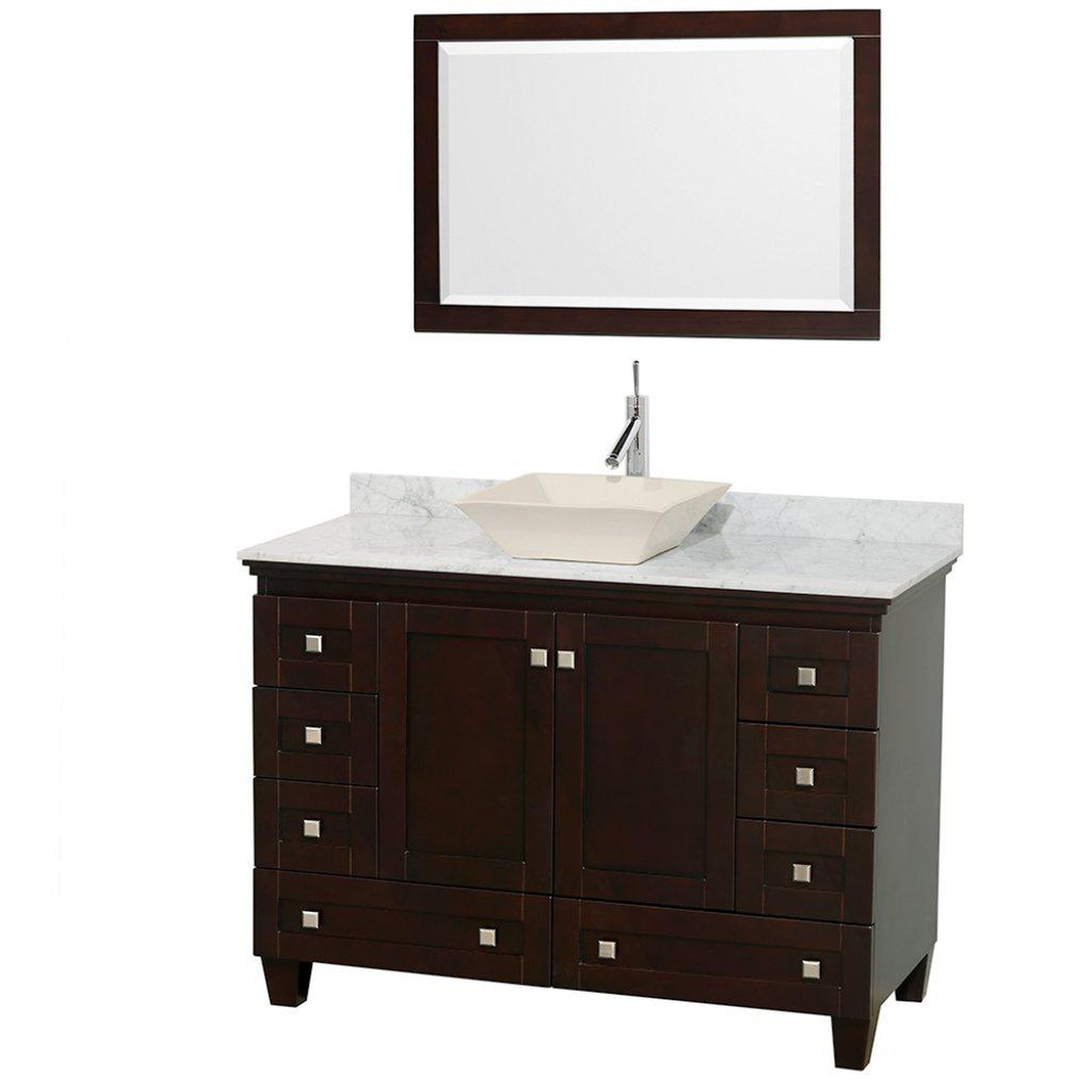 Wyndham Collection Acclaim 48" Single Bathroom Espresso Vanity Set With White Carrara Marble Countertop And Pyra Bone Sink And 24" Mirror