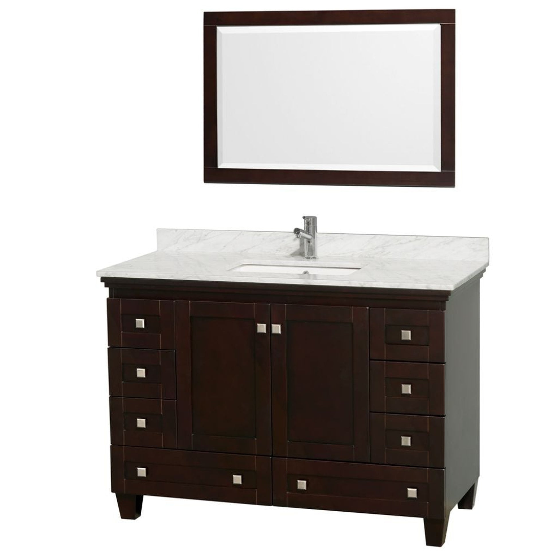 Wyndham Collection Acclaim 48" Single Bathroom Espresso Vanity Set With White Carrara Marble Countertop And Undermount Square Sink And 24" Mirror