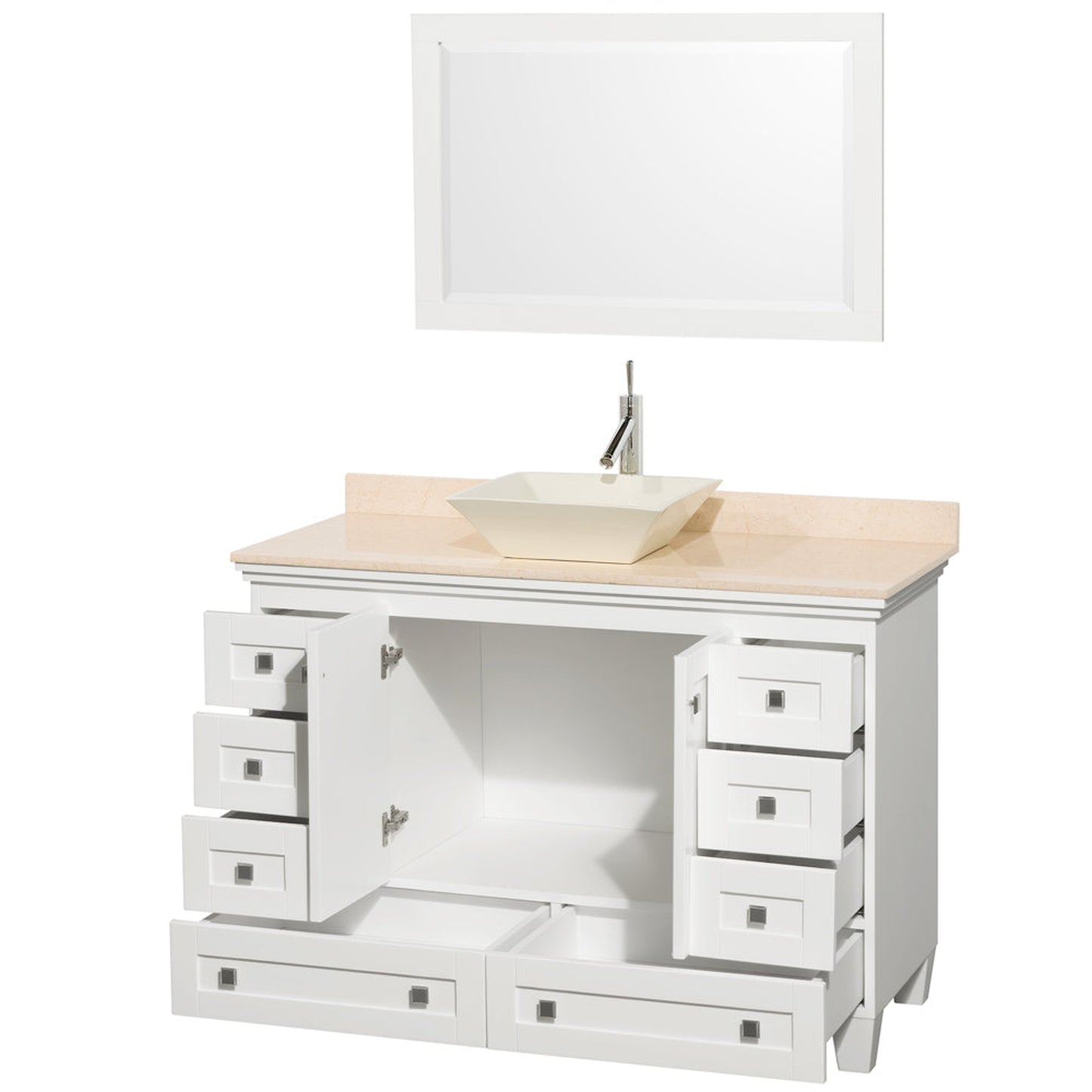 Wyndham Collection Acclaim 48" Single Bathroom Vanity in White With Ivory Marble Countertop, Pyra Bone Porcelain Sink & 24" Mirror