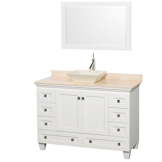 Wyndham Collection Acclaim 48" Single Bathroom Vanity in White With Ivory Marble Countertop, Pyra Bone Porcelain Sink & 24" Mirror
