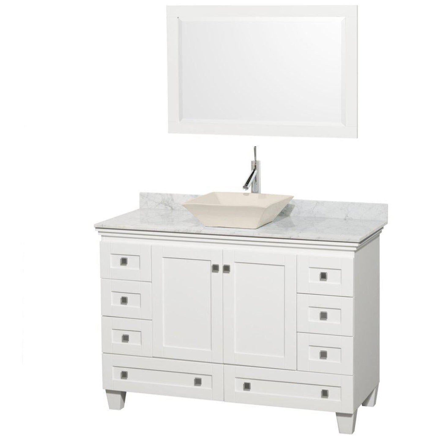 Wyndham Collection Acclaim 48" Single Bathroom White Vanity Set With White Carrara Marble Countertop And Pyra Bone Sink, And 24" Mirror