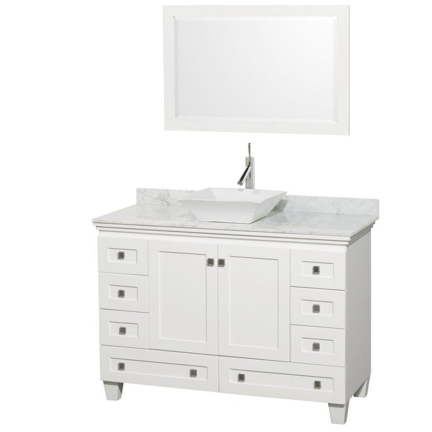 Wyndham Collection Acclaim 48" Single Bathroom White Vanity Set With White Carrara Marble Countertop And Pyra White Sink, And 24" Mirror