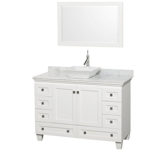 Wyndham Collection Acclaim 48" Single Bathroom White Vanity Set With White Carrara Marble Countertop And Pyra White Sink, And 24" Mirror