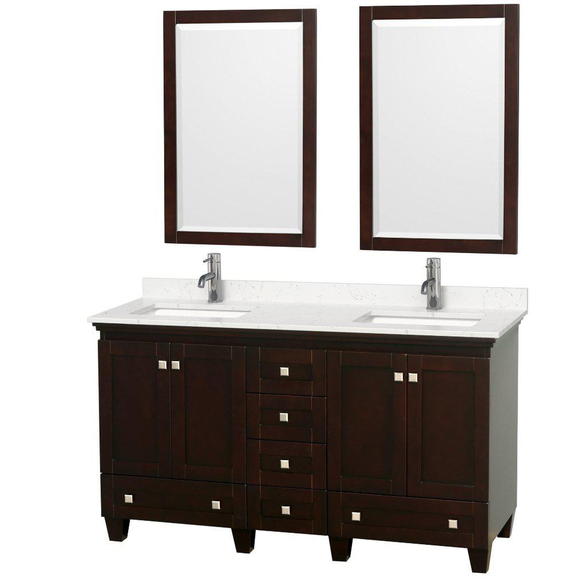 Wyndham Collection Acclaim 60" Double Bathroom Espresso Vanity With Light-Vein Carrara Cultured Marble Countertop And Undermount Square Sinks And 2 Set Of 24" Mirror
