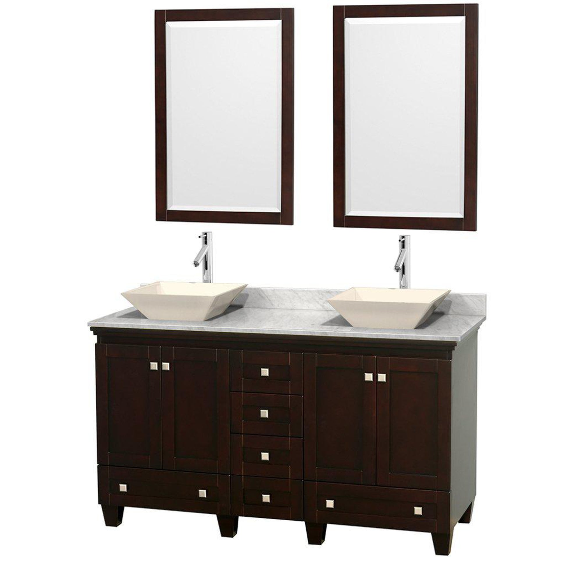 Wyndham Collection Acclaim 60" Double Bathroom Espresso Vanity With White Carrara Marble Countertop And Pyra Bone Sinks And 2 Set Of 24" Mirror