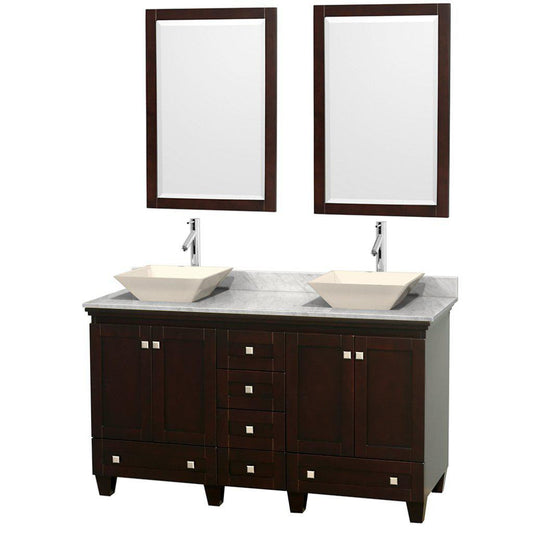 Wyndham Collection Acclaim 60" Double Bathroom Espresso Vanity With White Carrara Marble Countertop And Pyra Bone Sinks And 2 Set Of 24" Mirror