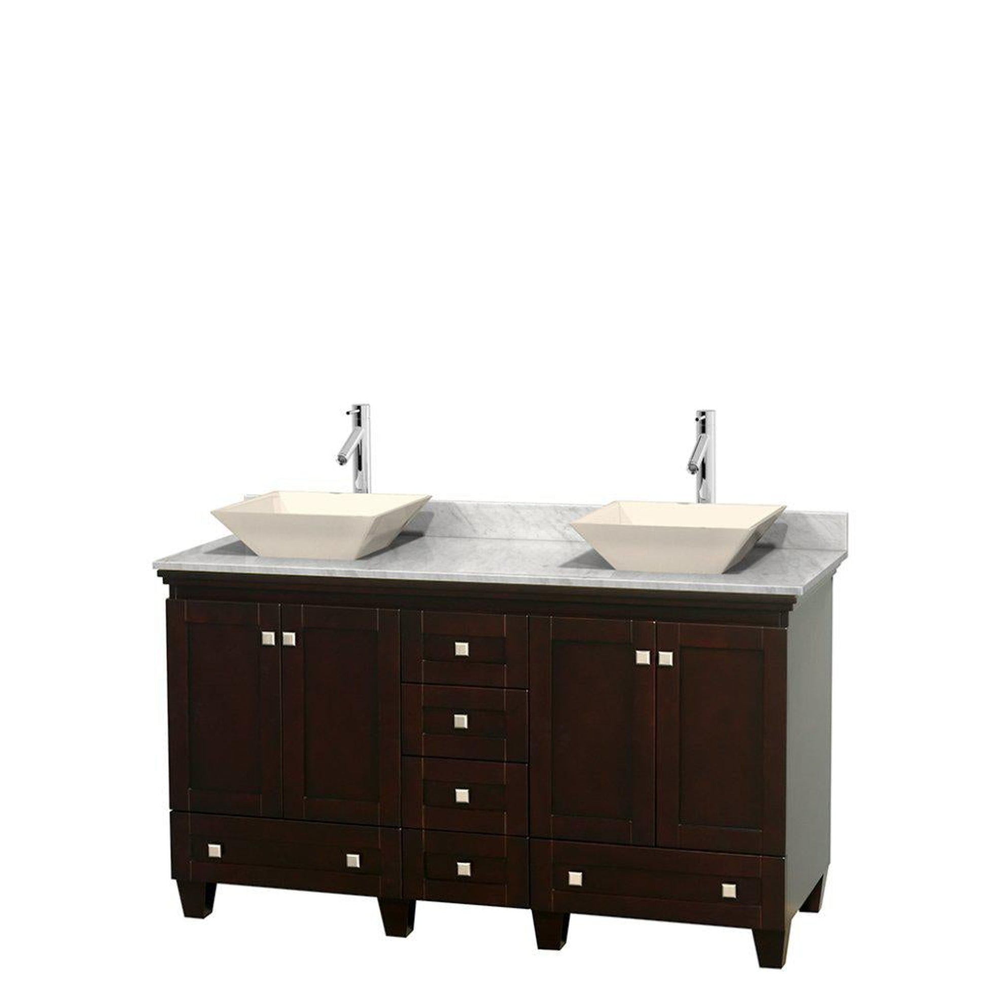 Wyndham Collection Acclaim 60" Double Bathroom Espresso Vanity With White Carrara Marble Countertop And Pyra Bone Sinks